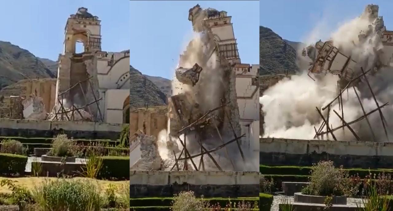 Torre del templo de la Purísima Concepción de Lari terminó de caer luego de sismos (VIDEO)